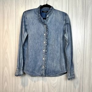 Lauren by Ralph Lauren Ruffle-Trim Denim Shirt Button Up Long Sleeve Top Size PM